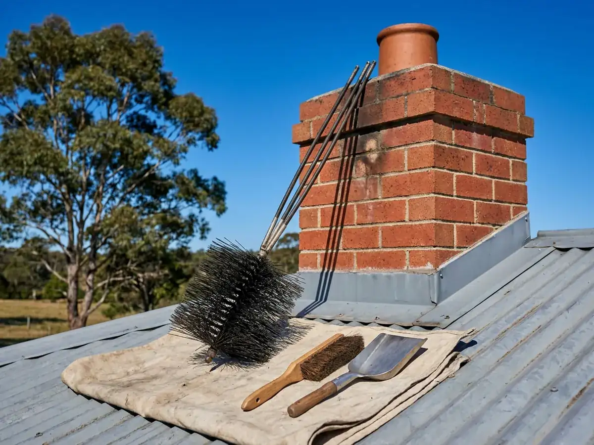 Chimney sweeping brush and tools beside a brick chimney on a Shoalhaven roof