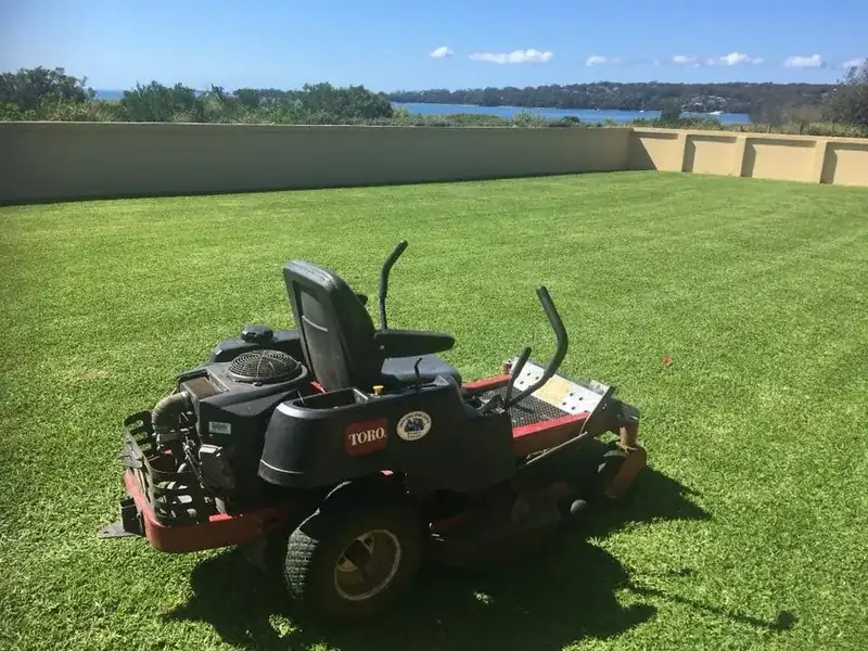 Property maintenance by Ed's Property Maintenance, lawn care with a ride-on mower on a coastal block